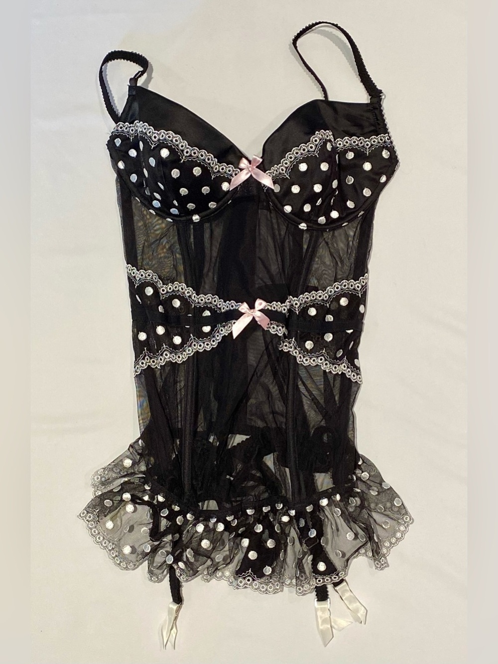 Victoria's Secret Vintage Style Black Polka Dot Mesh Bustier Corset, size 36D